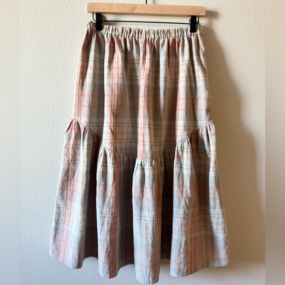 Casual Tiered Plaid Maxi Skirt in Beige with Coral Accents